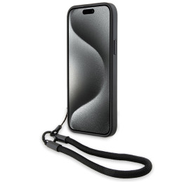 BMW Signature Leather Wordmark Cord dėklas, skirtas iPhone 15 Plus / 14 Plus - juodas