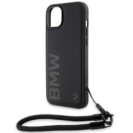 BMW Signature Leather Wordmark Cord dėklas, skirtas iPhone 15 Plus / 14 Plus - juodas