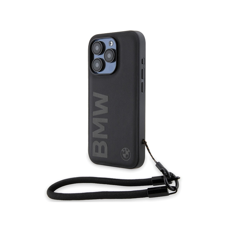 BMW Signature Leather Wordmark Cord dėklas iPhone 15 Pro Max - juodas