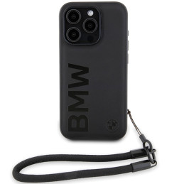 BMW Signature Leather Wordmark Cord dėklas iPhone 15 Pro Max - juodas