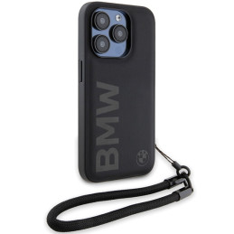 BMW Signature Leather Wordmark Cord dėklas iPhone 15 Pro Max - juodas