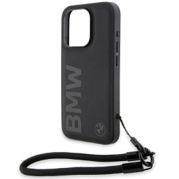 BMW Signature Leather Wordmark Cord dėklas iPhone 15 Pro Max - juodas