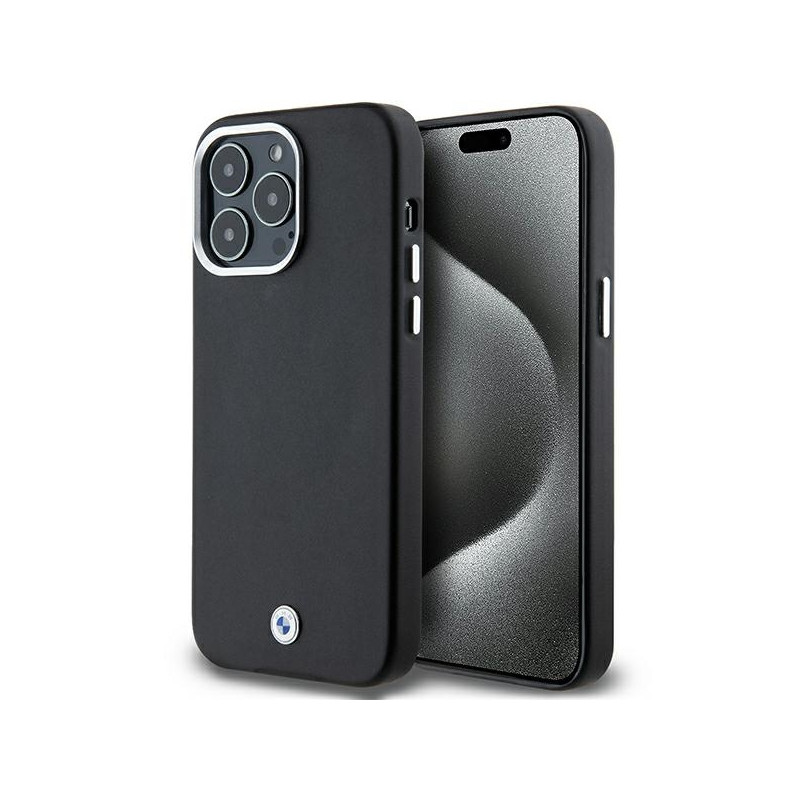 BMW Signature Wrapped Metal MagSafe dėklas, skirtas iPhone 15 Pro Max - juodas