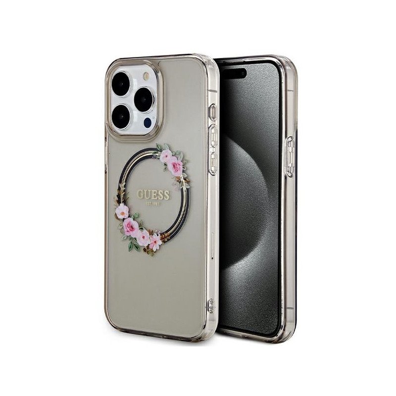 Guess IML Flowers Wreath MagSafe dėklas iPhone 15 Pro Max - juodas