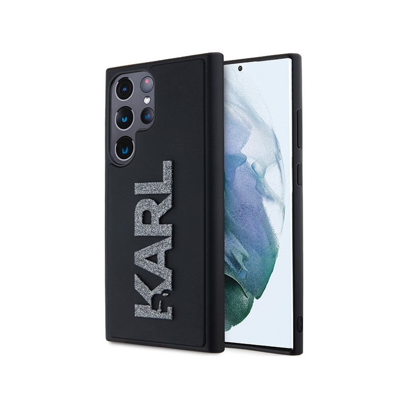 Karl Lagerfeld 3D Rubber Glitter Logo dėklas, skirtas Samsung Galaxy S23 Ultra - juodas
