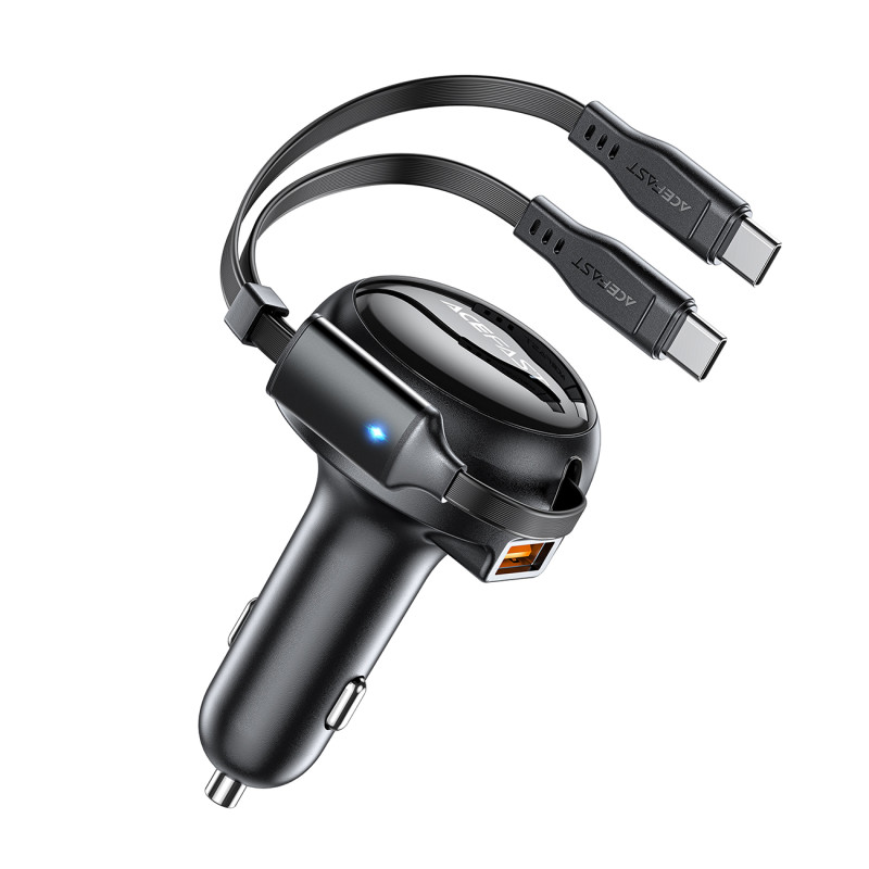 Acefast B13 automobilinis įkroviklis 53W USB-A / 2 USB-C ištraukiami laidai - juodi