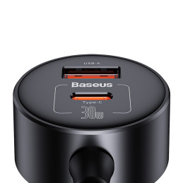 „Baseus High Efficiency Pro 2x“ cigarečių žiebtuvėlio adapteris su USB-A USB-C 30 W įkrovikliu – juodas