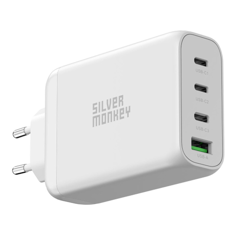 Silver Monkey GaN 130W sieninis įkroviklis 3x USB-C PD 1x USB-A 3.0 QC - balta