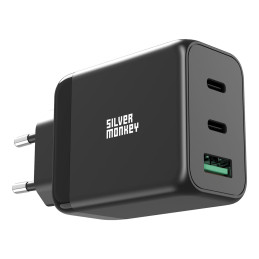 Silver Monkey GaN 65W sieninis įkroviklis 2x USB-C PD 1x USB-A QC 3.0 - juodas