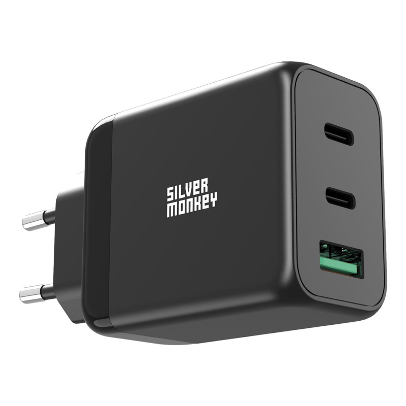 Silver Monkey GaN 65W sieninis įkroviklis 2x USB-C PD 1x USB-A QC 3.0 - juodas