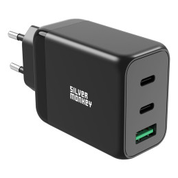 Silver Monkey GaN 65W sieninis įkroviklis 2x USB-C PD 1x USB-A QC 3.0 - juodas