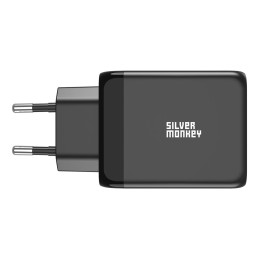 Silver Monkey GaN 65W sieninis įkroviklis 2x USB-C PD 1x USB-A QC 3.0 - juodas