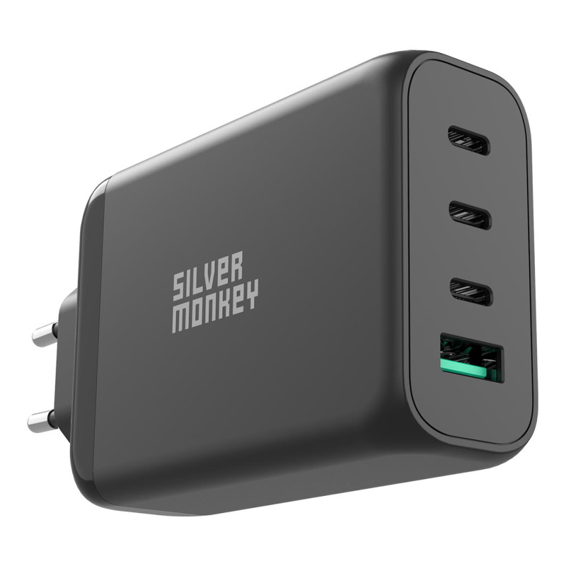 Silver Monkey GaN 130W sieninis įkroviklis 3x USB-C PD 1x USB-A 3.0 QC - juodas Silver Monkey GaN 130W sieninis įkroviklis 3x USB-C PD 1x USB-A 3.0 QC - juodas