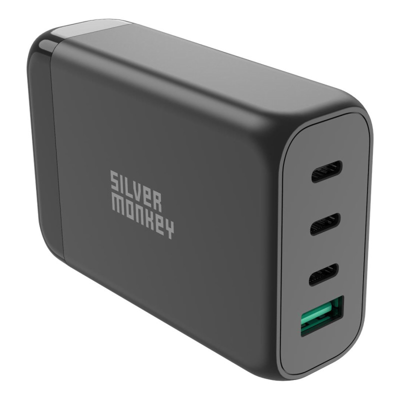 Silver Monkey SMA151 130W GaN įkroviklis 3xUSB-C PD USB-A QC 3.0 su nuimamu maitinimo laidu – juodas
