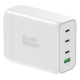 Silver Monkey SMA152 130W GaN įkroviklis 3xUSB-C PD USB-A QC 3.0 su nuimamu maitinimo laidu – baltas