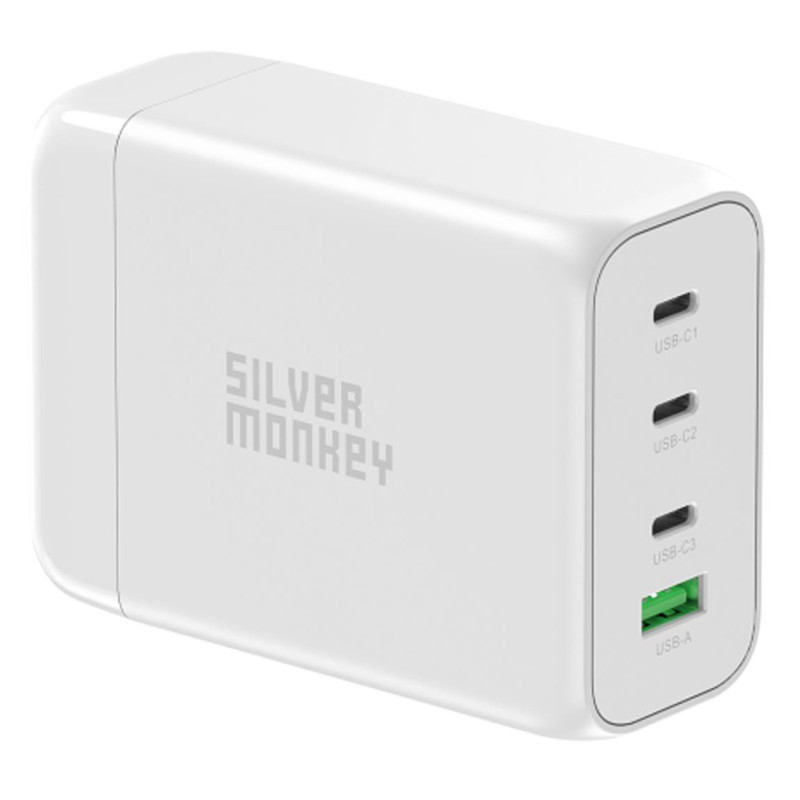 Silver Monkey SMA152 130W GaN įkroviklis 3xUSB-C PD USB-A QC 3.0 su nuimamu maitinimo laidu – baltas