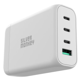 Silver Monkey SMA152 130W GaN įkroviklis 3xUSB-C PD USB-A QC 3.0 su nuimamu maitinimo laidu – baltas