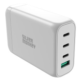 Silver Monkey SMA152 130W GaN įkroviklis 3xUSB-C PD USB-A QC 3.0 su nuimamu maitinimo laidu – baltas