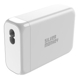 Silver Monkey SMA152 130W GaN įkroviklis 3xUSB-C PD USB-A QC 3.0 su nuimamu maitinimo laidu – baltas