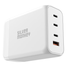 Silver Monkey SMA156 200W GaN įkroviklis 3x USB-C PD USB-A QC 3.0 su nuimamu maitinimo laidu – balta