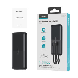 Choetech B654 10000mAh 22,5W USB-A / USB-C / mikro USB maitinimo blokas su įmontuotu USB-C / Lightning kabelis - juodas