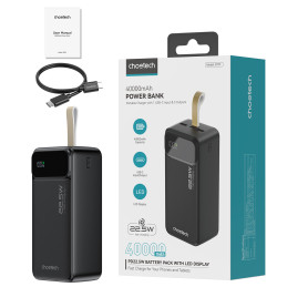 Choetech PD22.5W Dual USB-A+Type-C maitinimo blokas 40000mAh juodas