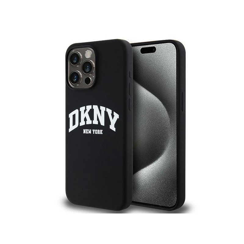 DKNY Liquid Silicone White Printed Logo MagSafe dėklas iPhone 15 Pro Max - juodas