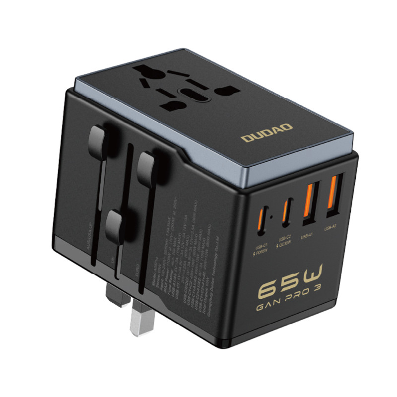 Dudao A65Pro 65W EU / JAV / JP / AUS / JK kelioninis adapteris 2x USB-C 2x USB-A - juodas