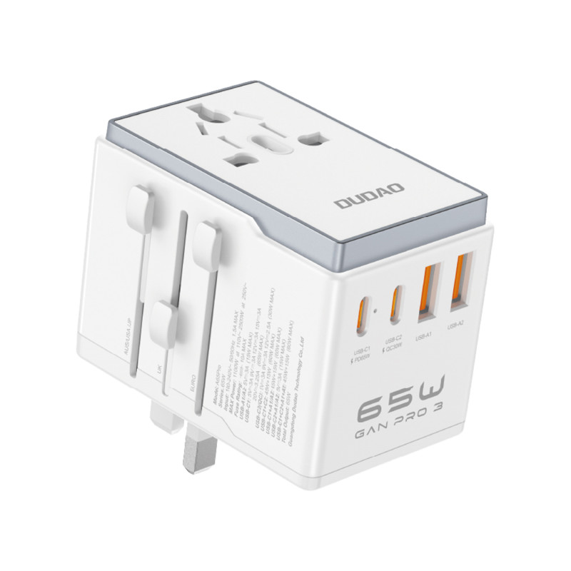 Dudao A65Pro 65W EU / JAV / JP / AUS / JK kelioninis adapteris 2x USB-C 2x USB-A - baltas