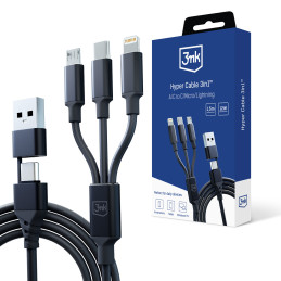 3mk Hyper Cable 3in1 USB-A - USB-C / USB-C - micro USB - Lightning 1,5m - juodas