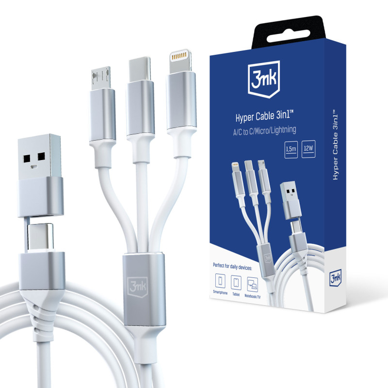 3mk Hyper Cable 3in1 USB-A - USB-C / USB-C - micro USB - Lightning 1,5 m - balta
