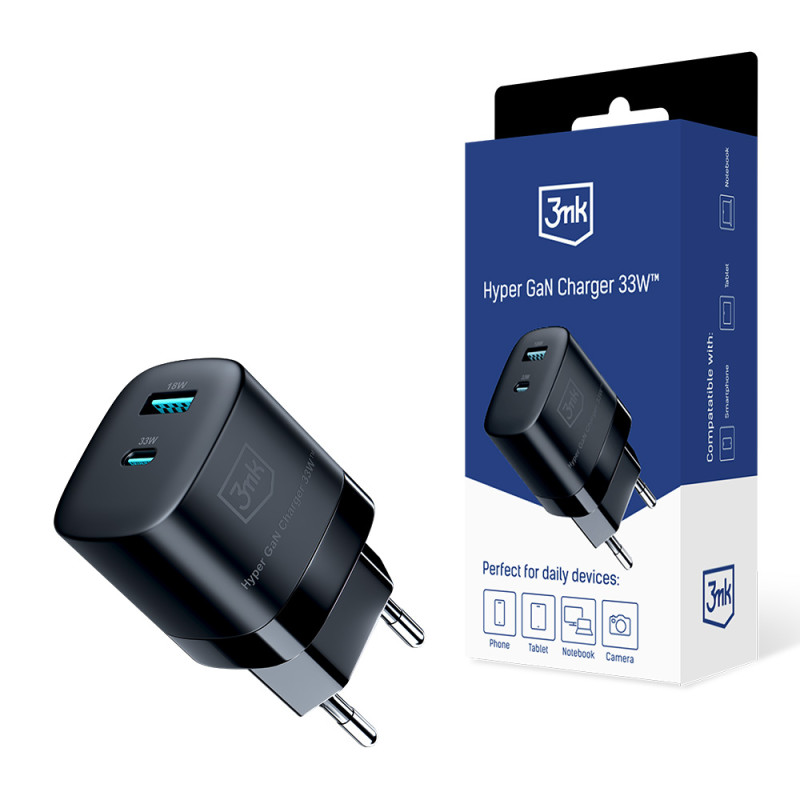 3mk Hyper Charger GaN 33W USB-C USB-A sieninis įkroviklis – juodas