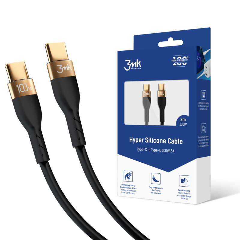 3mk hipersilikono kabelis USB-C / USB-C 100W 2m – juodas