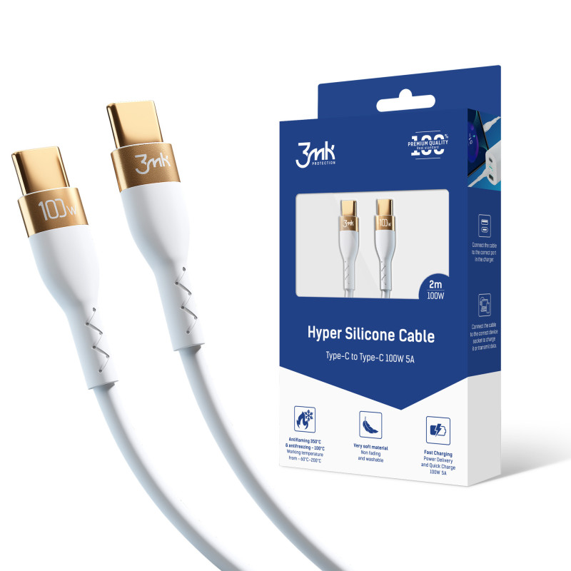 3mk hipersilikono kabelis USB-C / USB-C 100W 2m – baltas