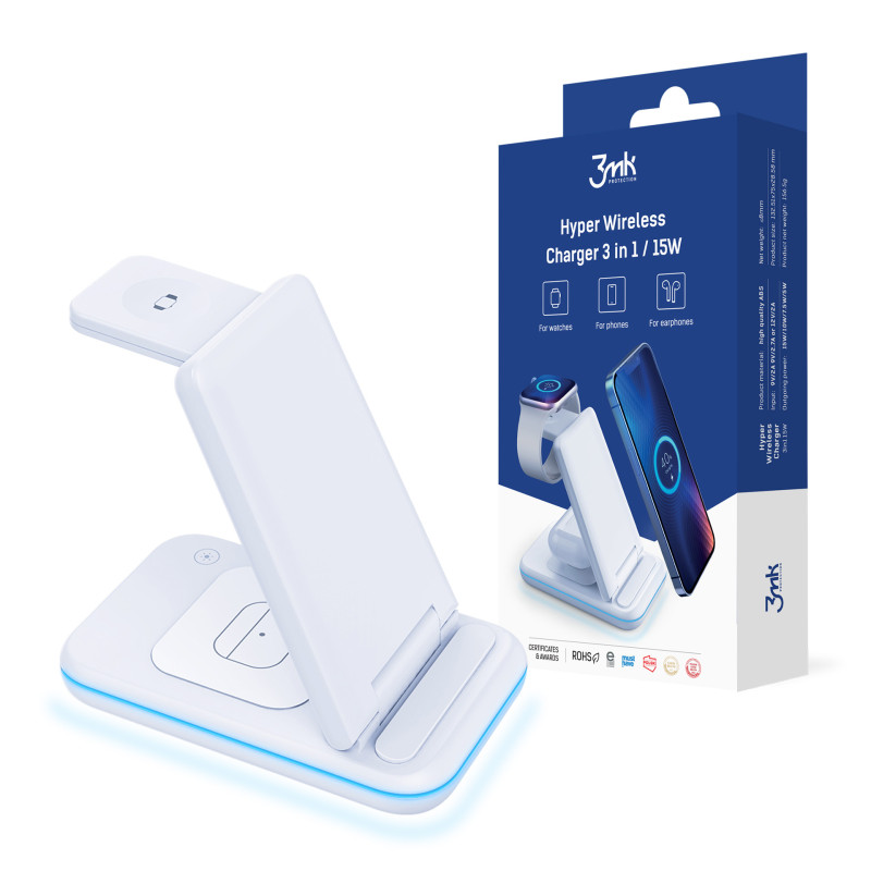 3mk Hyper Wireless Charger 3in1 15W indukcinis įkroviklis išmaniajam telefonui / išmaniajam laikrodžiui / ausinėms - bal...