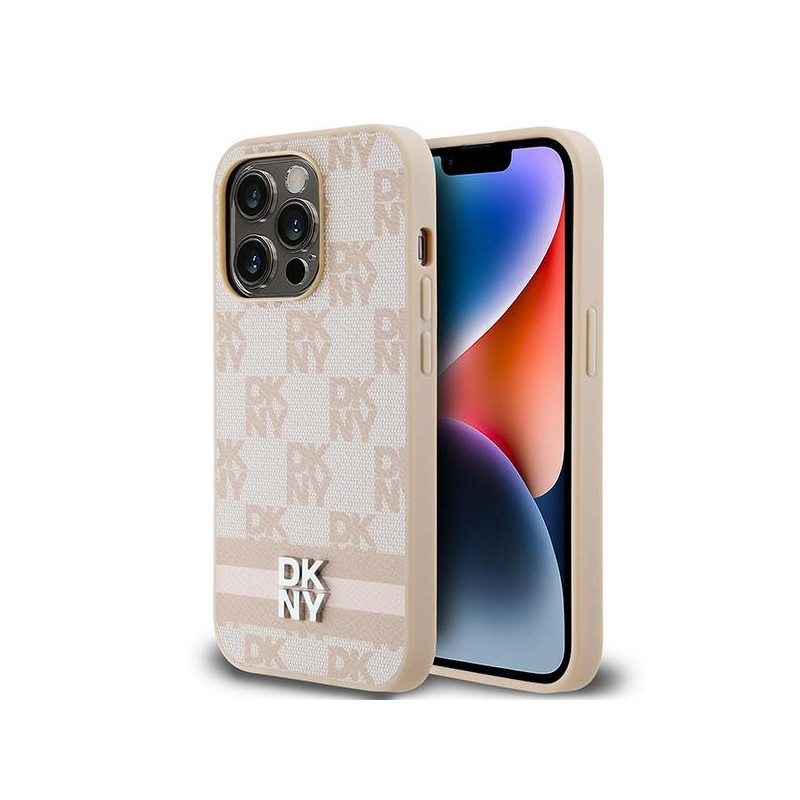 DKNY Leather Checkered Mono Pattern & Printed Stripes dėklas, skirtas iPhone 14 Pro - rožinis