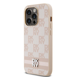 DKNY Leather Checkered Mono Pattern & Printed Stripes dėklas, skirtas iPhone 14 Pro - rožinis
