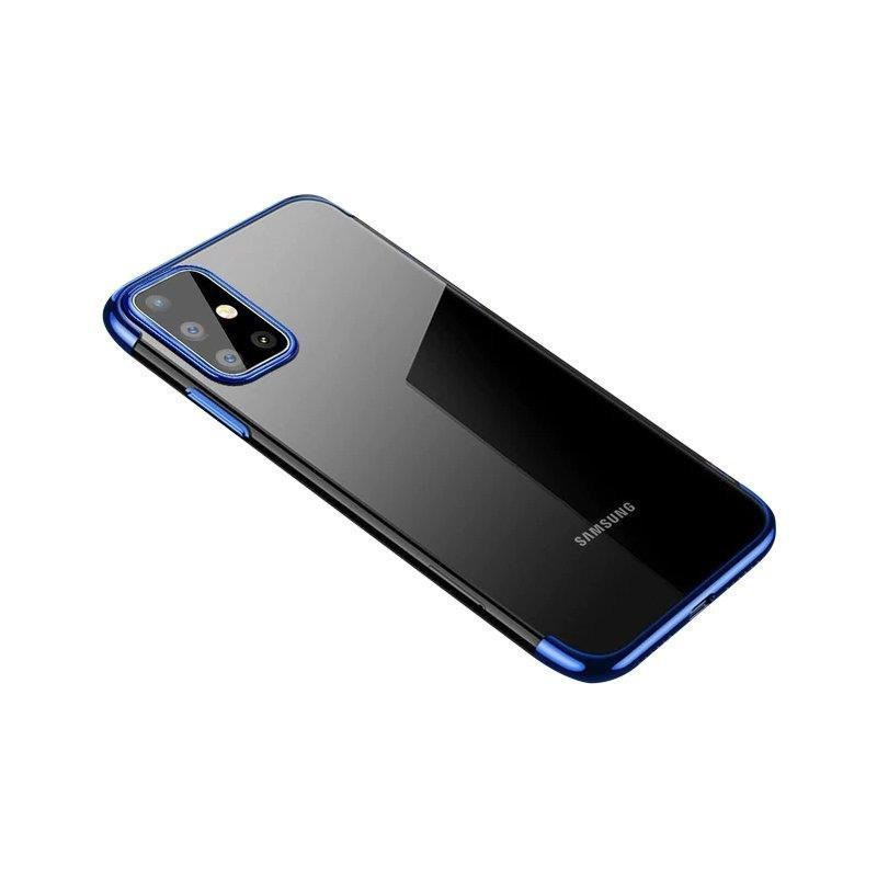 Skaidrios spalvos gelinis dėklas su metaliniu rėmeliu, skirtas Samsung Galaxy A72 4G mėlynai