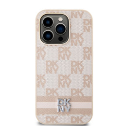 DKNY Leather Checkered Mono Pattern & Printed Stripes dėklas, skirtas iPhone 14 Pro - rožinis