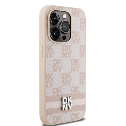 DKNY Leather Checkered Mono Pattern & Printed Stripes dėklas, skirtas iPhone 14 Pro - rožinis