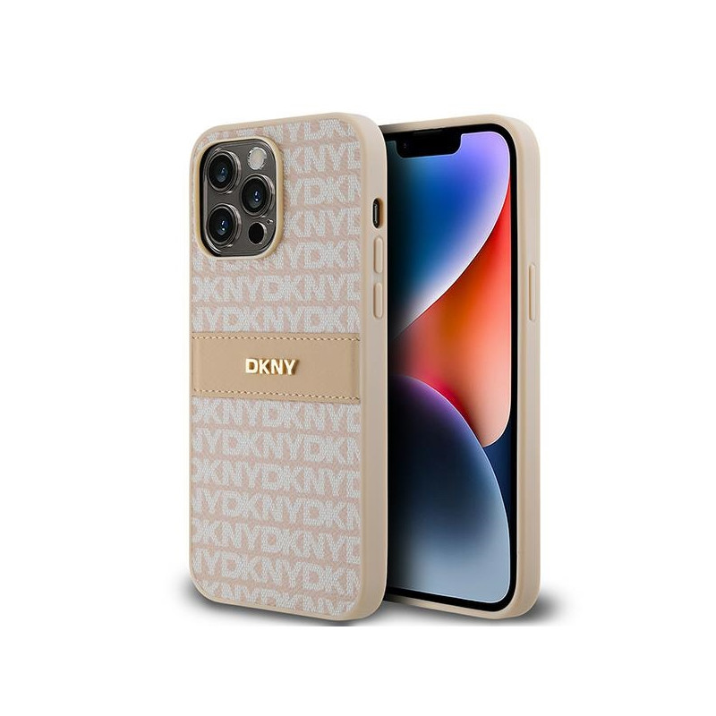 DKNY Leather Mono Stripe & Metal Logo dėklas iPhone 14 Pro - rožinis