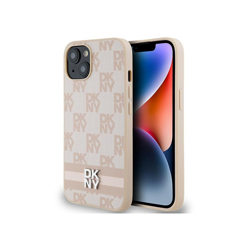 DKNY odinis languotas monofoninis dėklas su spausdintomis juostelėmis iPhone 15 / 14 / 13 - rožinis