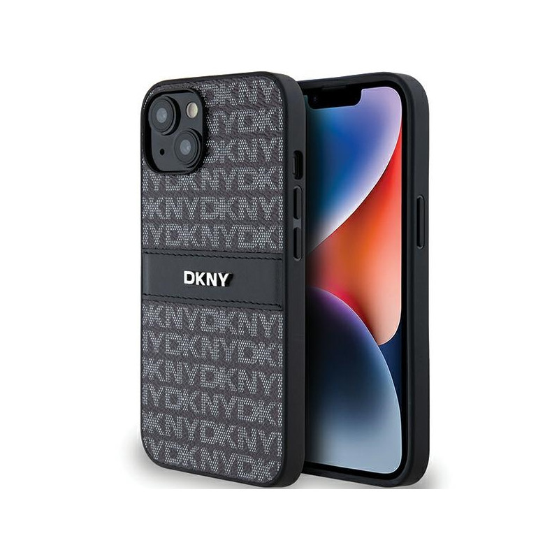 DKNY odinis mono juostinis ir metalinis logotipo dėklas, skirtas iPhone 15/ 14/ 13 – juodas