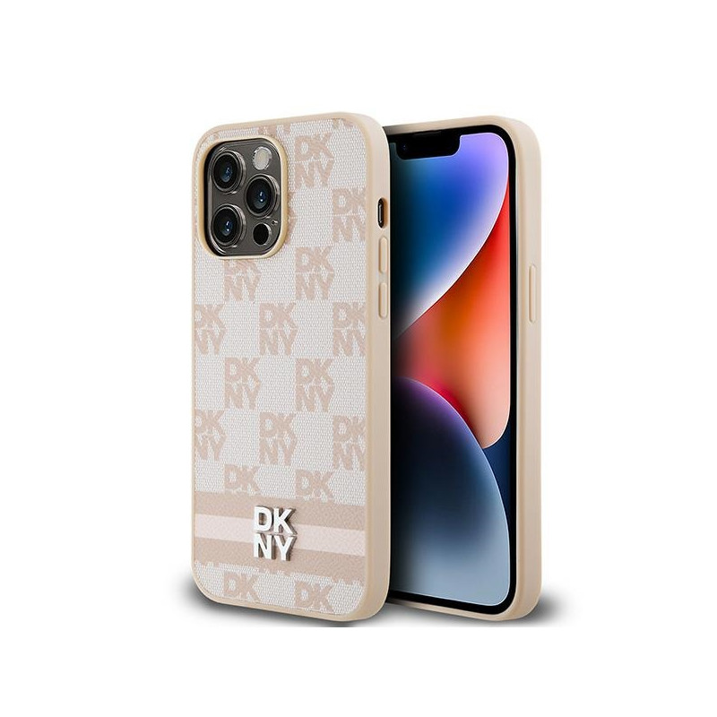 DKNY Leather Checkered Mono Pattern & Printed Stripes dėklas, skirtas iPhone 14 Pro Max - rožinis