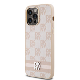 DKNY Leather Checkered Mono Pattern & Printed Stripes dėklas, skirtas iPhone 14 Pro Max - rožinis