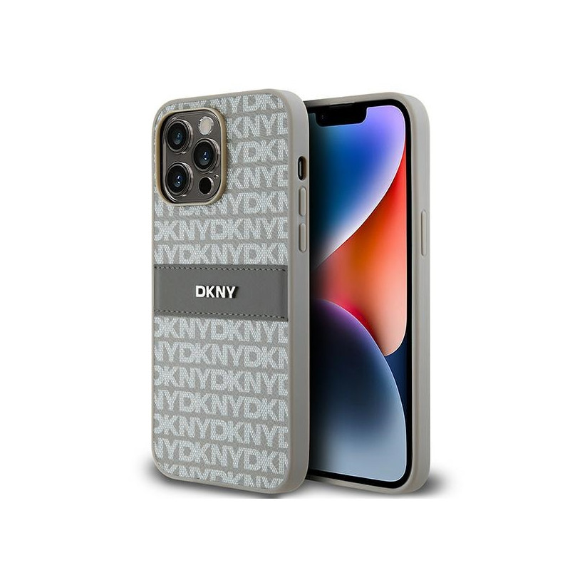 DKNY Leather Mono Stripe & Metal Logo dėklas, skirtas iPhone 14 Pro Max - smėlio spalvos