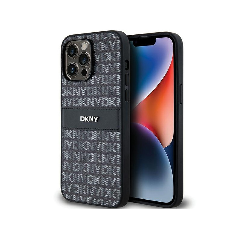 DKNY Leather Mono Stripe & Metal Logo dėklas, skirtas iPhone 14 Pro Max - juodas