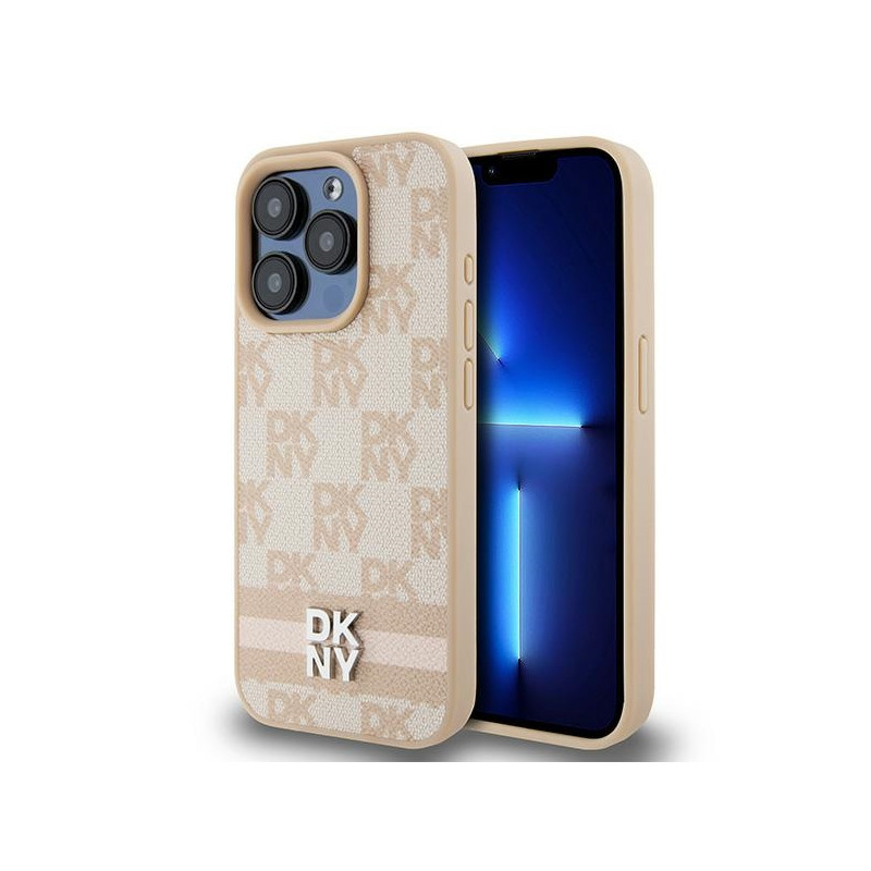 DKNY Leather Checkered Mono Pattern & Printed Stripes dėklas, skirtas iPhone 15 Pro - rožinis