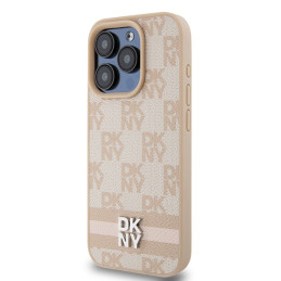 DKNY Leather Checkered Mono Pattern & Printed Stripes dėklas, skirtas iPhone 15 Pro - rožinis