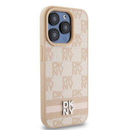 DKNY Leather Checkered Mono Pattern & Printed Stripes dėklas, skirtas iPhone 15 Pro - rožinis